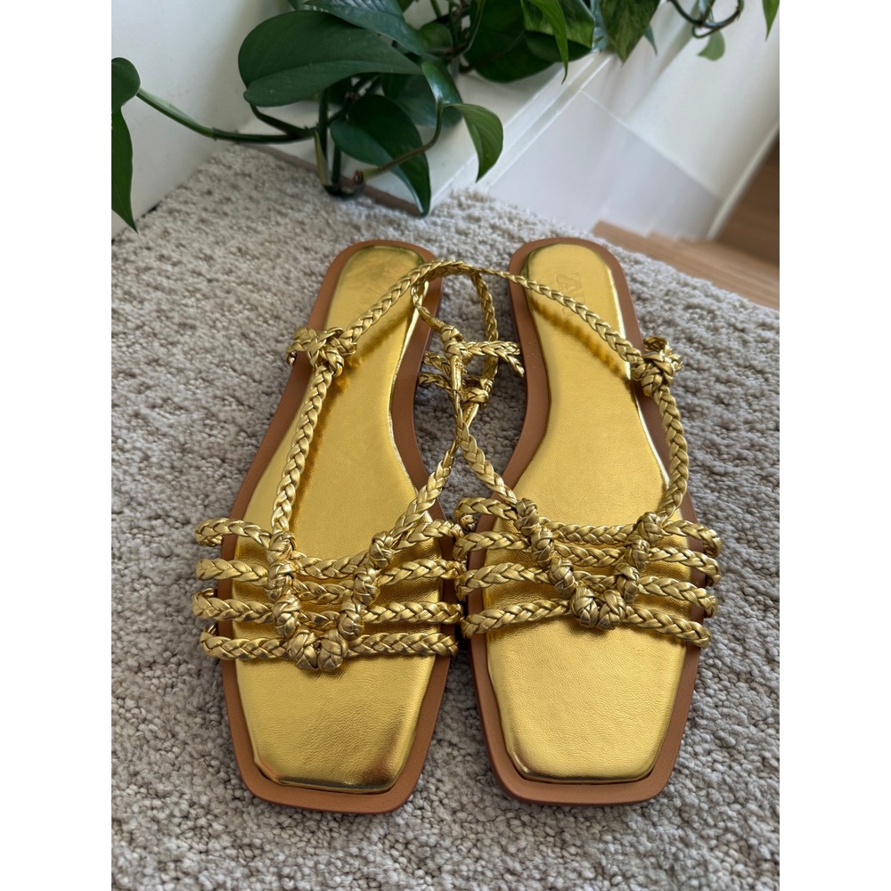 NEW Zara Braided Flat Sandals 40 Gold Metallic Square Toe Strappy Knotted Chic 9 - Picture 6 of 8